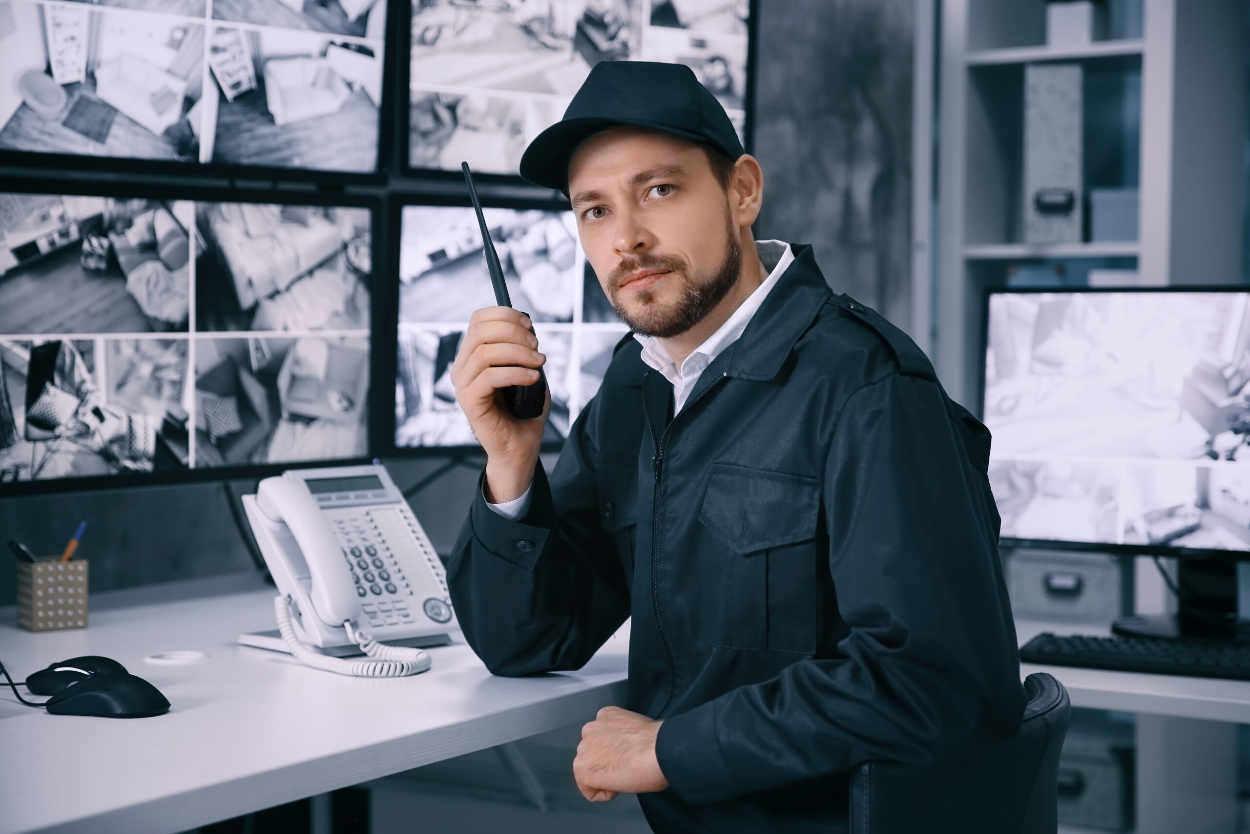 Male security guard using radio transmitter in surveillance room